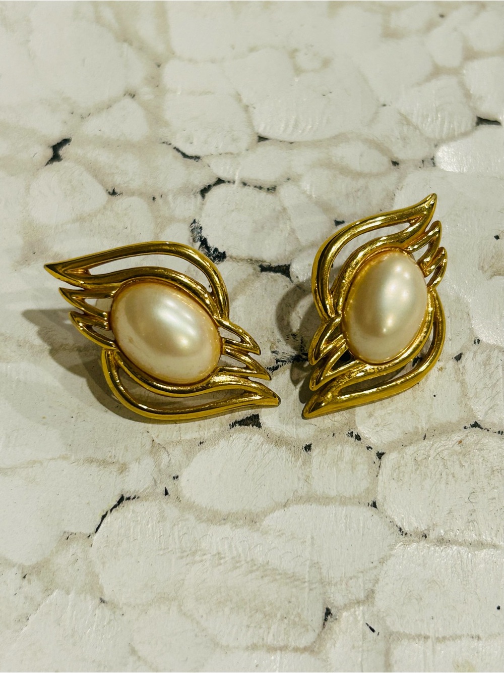 Trifari Signed Gold-Tone Pierced Earrings with Faux Ivory Pearl Centers Vintage